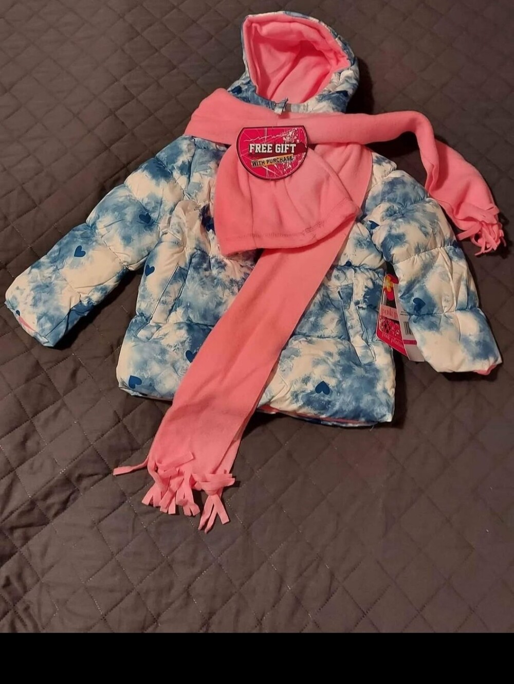 Pink Platinum Blue & White Tie-Dye Heart Puffer Jacket with Pink Scarf